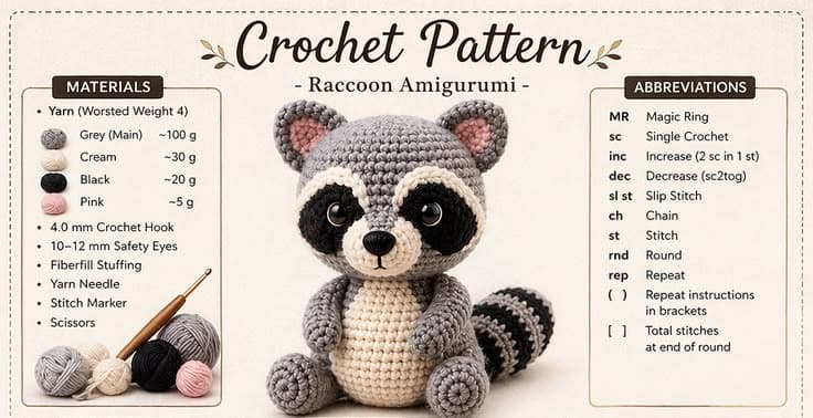 A crocheted grey and cream amigurumi raccoon with black eye masks, pink-lined ears, and a black-and-grey striped tail