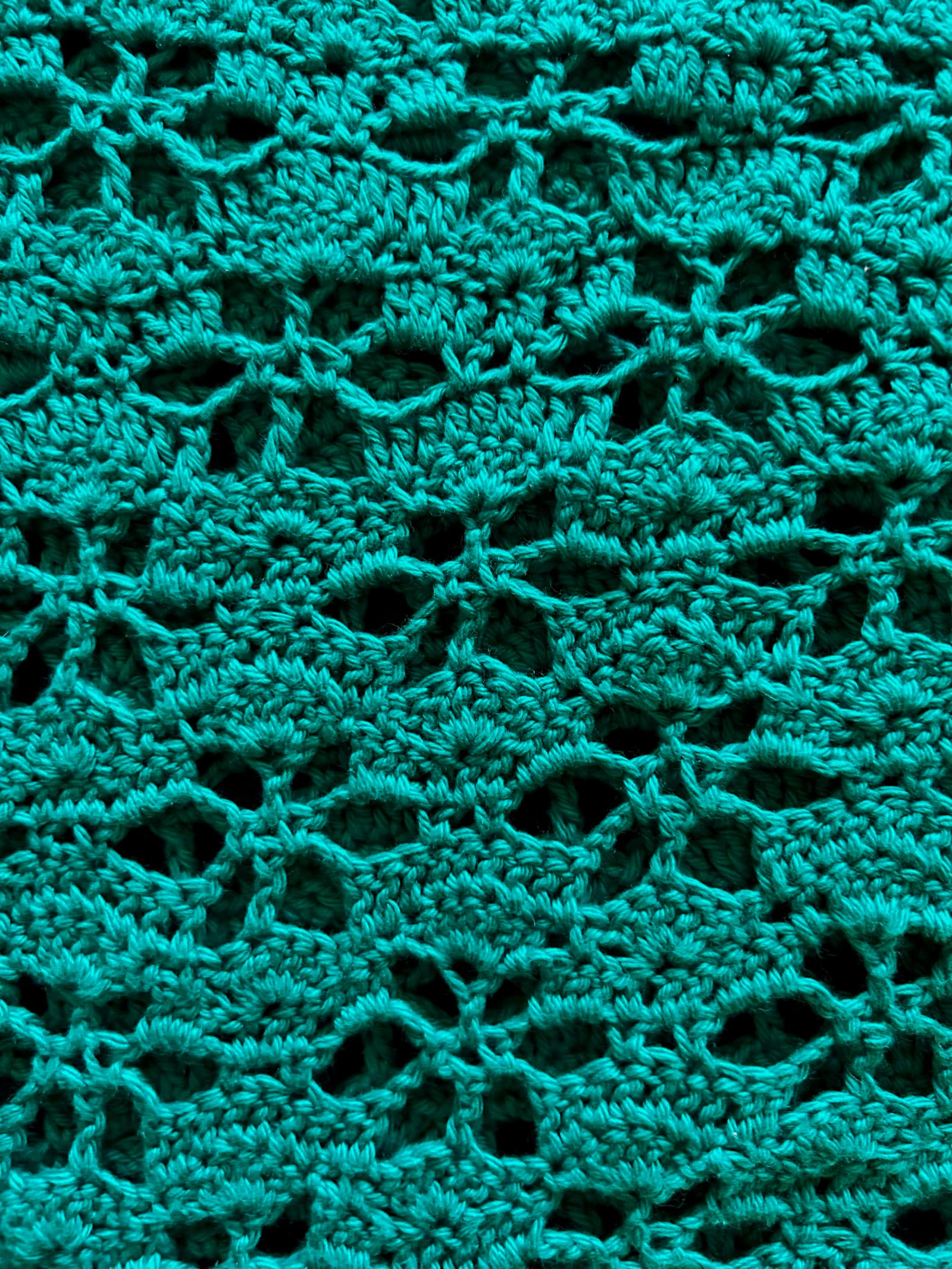 Close-up of a teal crocheted fabric showing dimensional, interlocking stitch texture